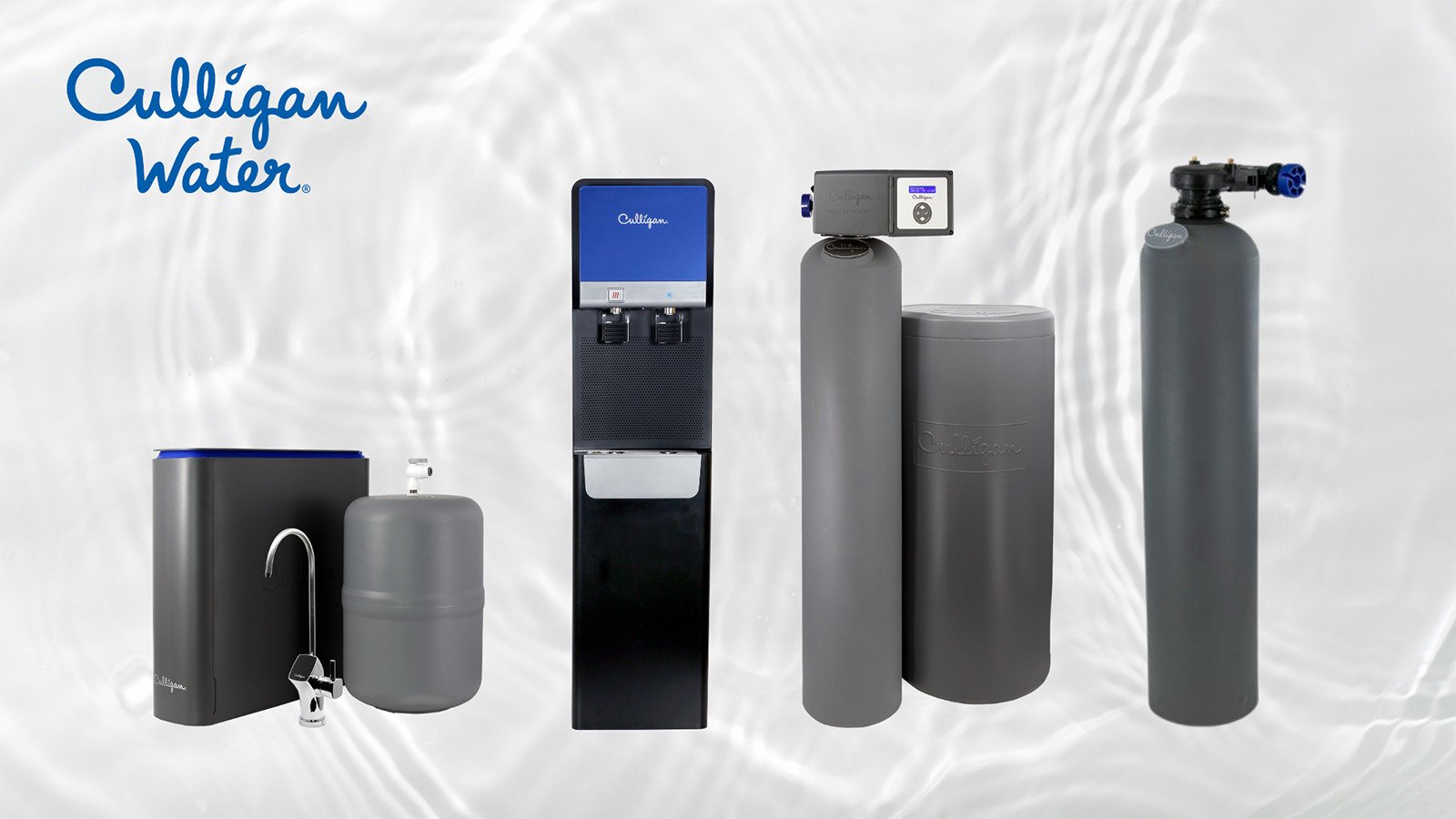 Lineup of Culligan products over a water droplet background
