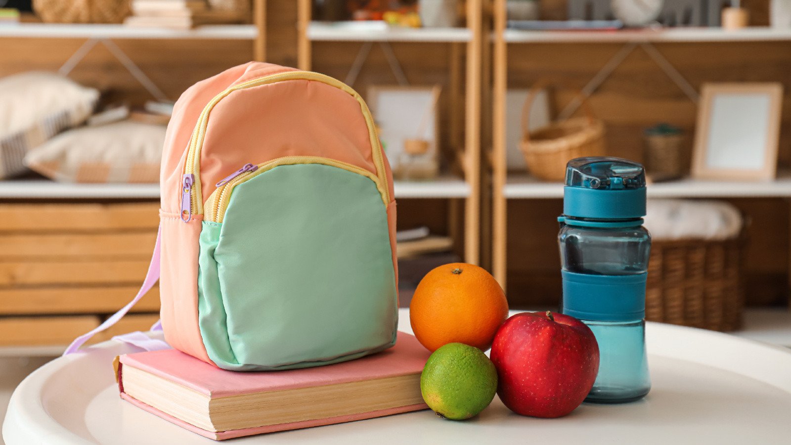 Backpack placed on a table next to fruit and a water bottle